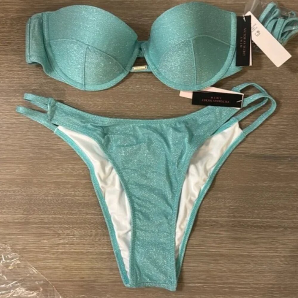 Victoria's Secret Swimsuit Bikini Sparkle blue green 32C / Medium High Leg